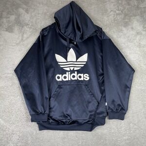 Adidas Hoodie Mens Medium Navy Blue Trefoil Logo Satin Finish Pullover BP9406